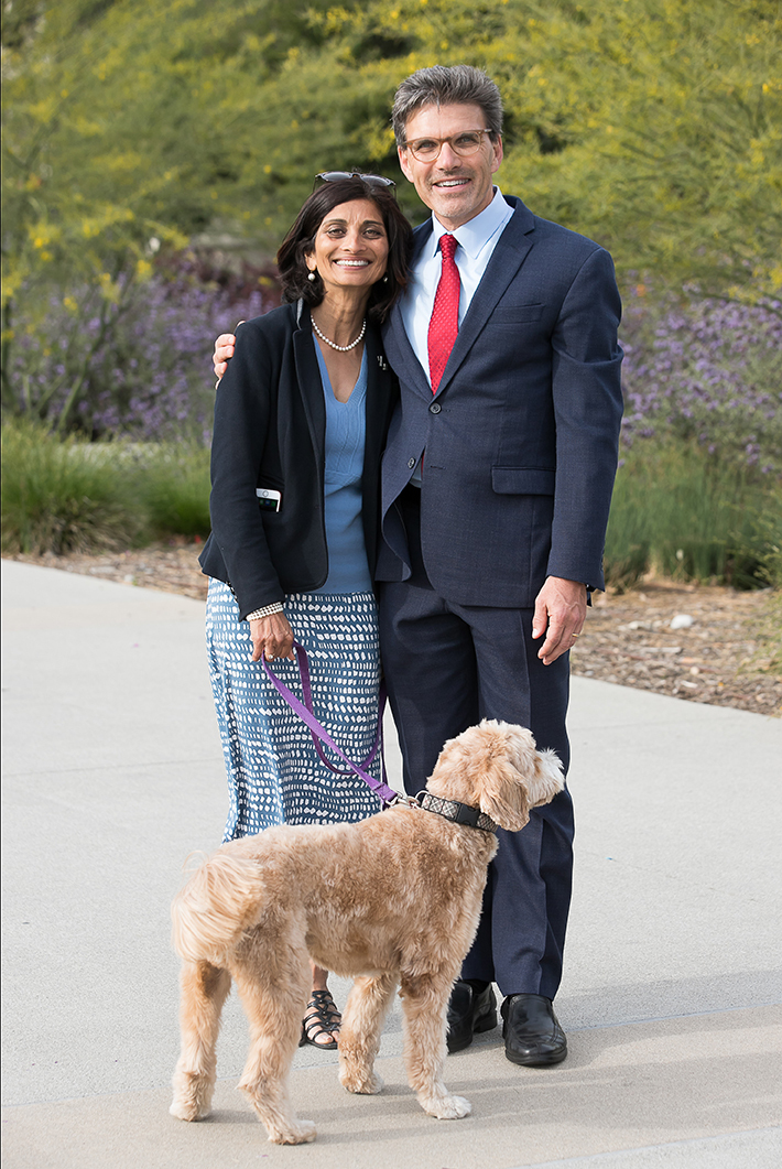 President Chodosh with wife, Priya Junnar, and their dog, Theo.