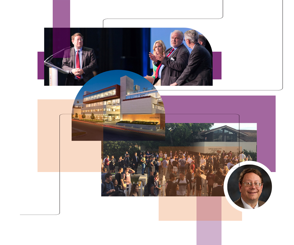 Collage of milestones from the 2010s, including Atheneaum speakers and former director Andrew Busch.