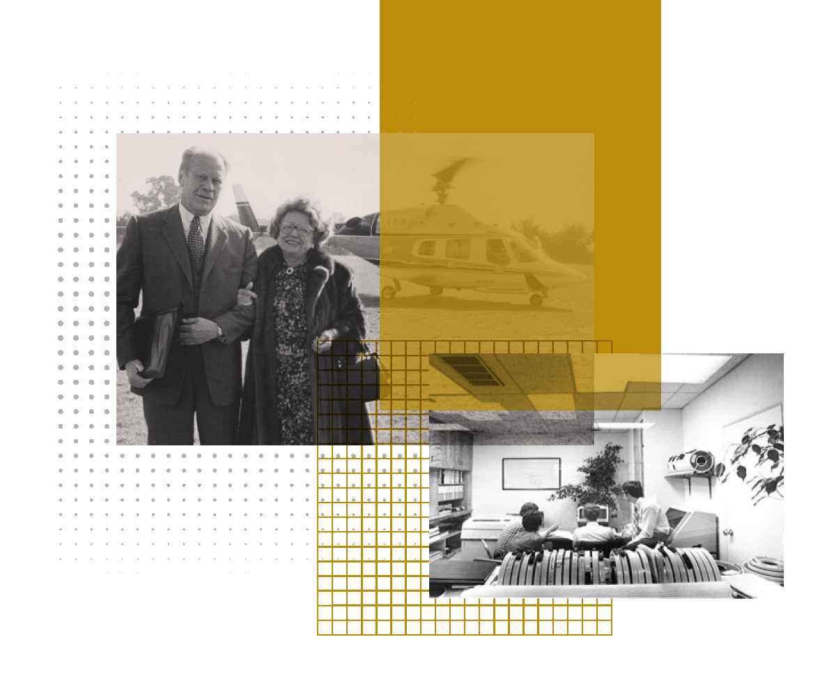 Collage of milestones from the 1970s, including Edessa Rose with President Ford and students researching.