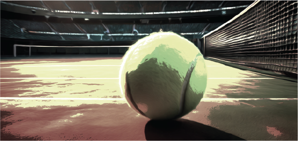 A tennis ball on a tennis court.