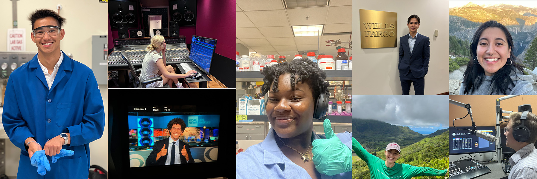 A collage of students at their respective 2024 Sponsored Internships and Experiences programs.