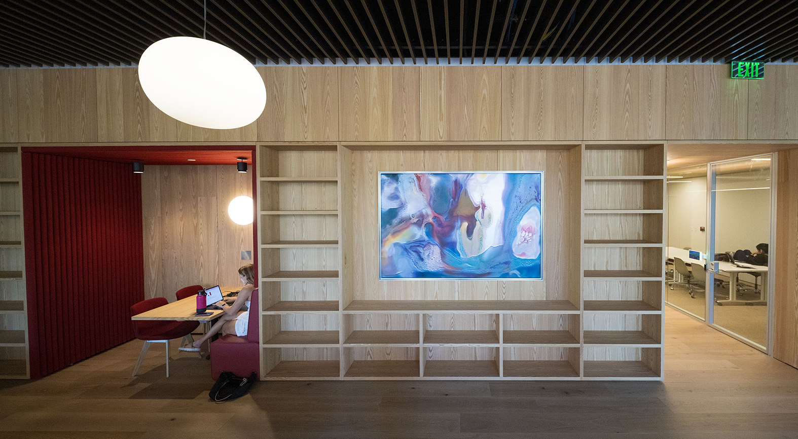 Anicka Yi's painting displayed in the Robert Day Sciences Center library.
