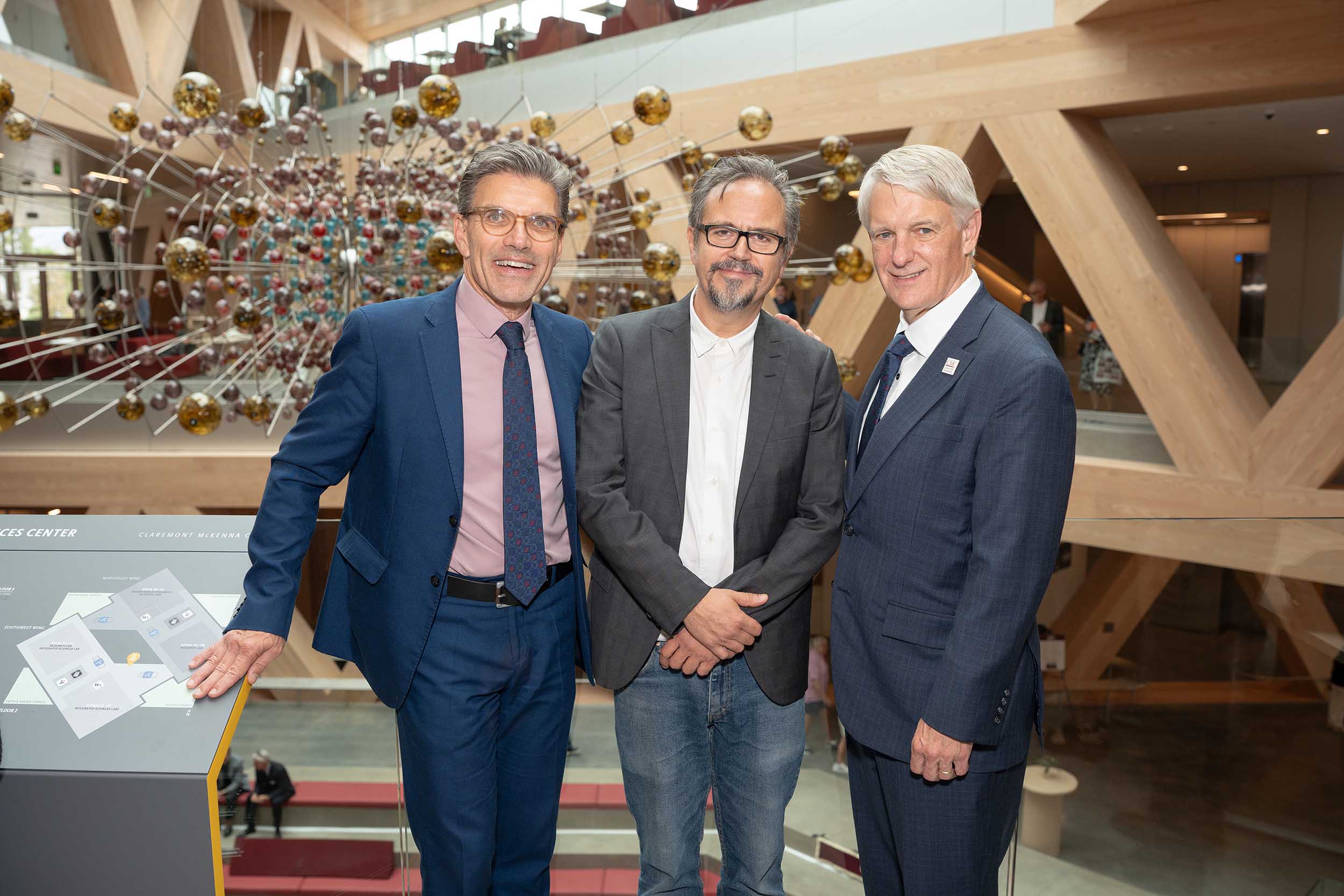 President Hiram Chodosh, Damián Ortega, and CMC Board of Trustees Chair Ken Valach '82.