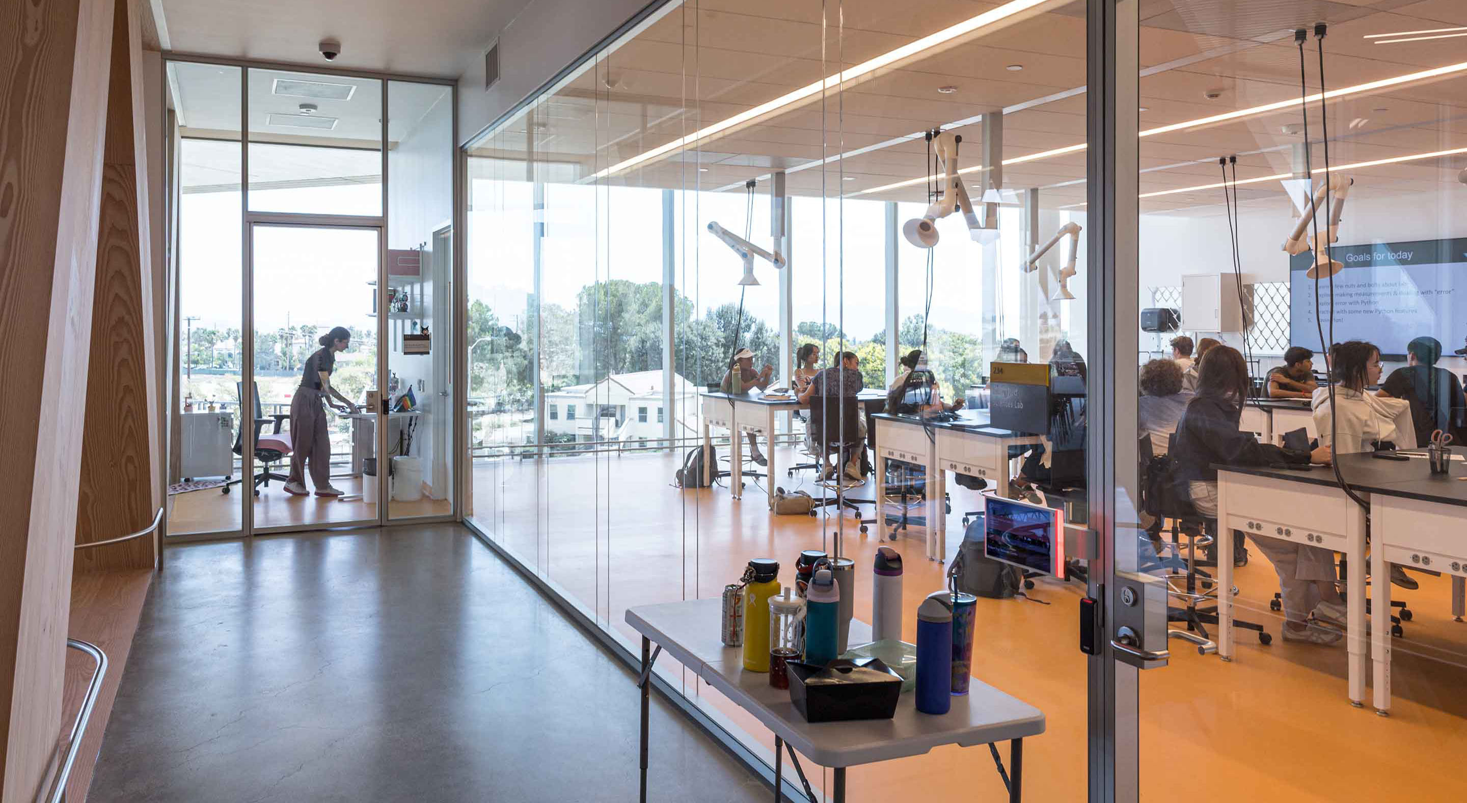 Class is in session in a light-filled lab at the Robert Day Sciences Center.