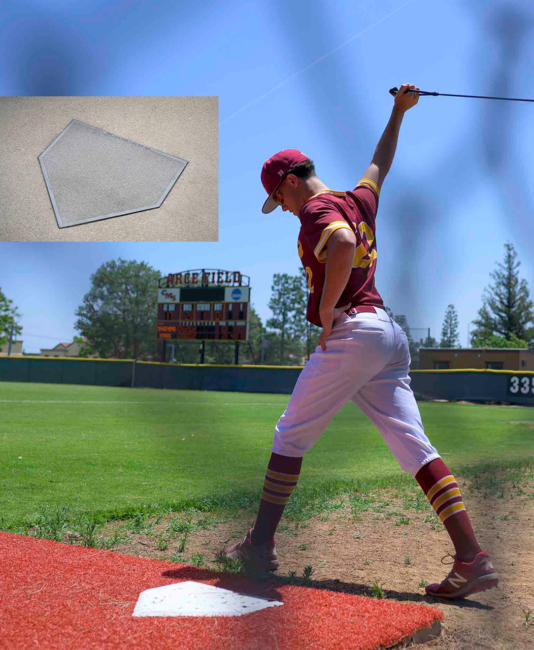 A baseball player preparing for a swing at home plate in the original location of Arce Field.
