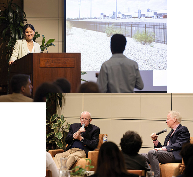 Karen Hao (left) during her Athenaeum lecture; (right) David Dreier ’75 and John W. Dean III