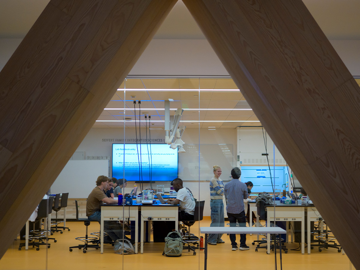 Distant shot of a students working in a RDSC lab in the evening.