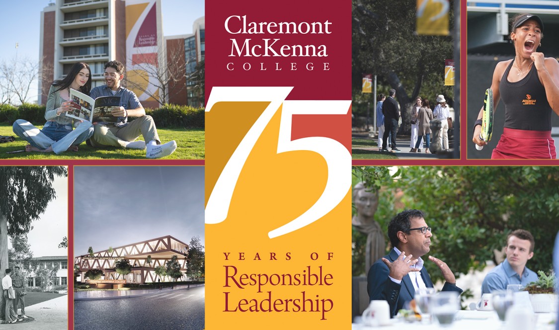 A photo collage of key moments from CMC's 75th Anniversary (clockwise): students share a copy of Fall 2022 CMC Magazine on Parents Field, a tour group pauses along a pathway lined with trees and "75th" lamppost banners, a tennis Athena celebrates victory on the court, Atul Gawande shares in a discussion over an outdoor meal at the Ath head table, an architect rendering of the new Robert Day Sciences Center at night, and a black and white photo from one of CMC's 75th Anniversary archives.