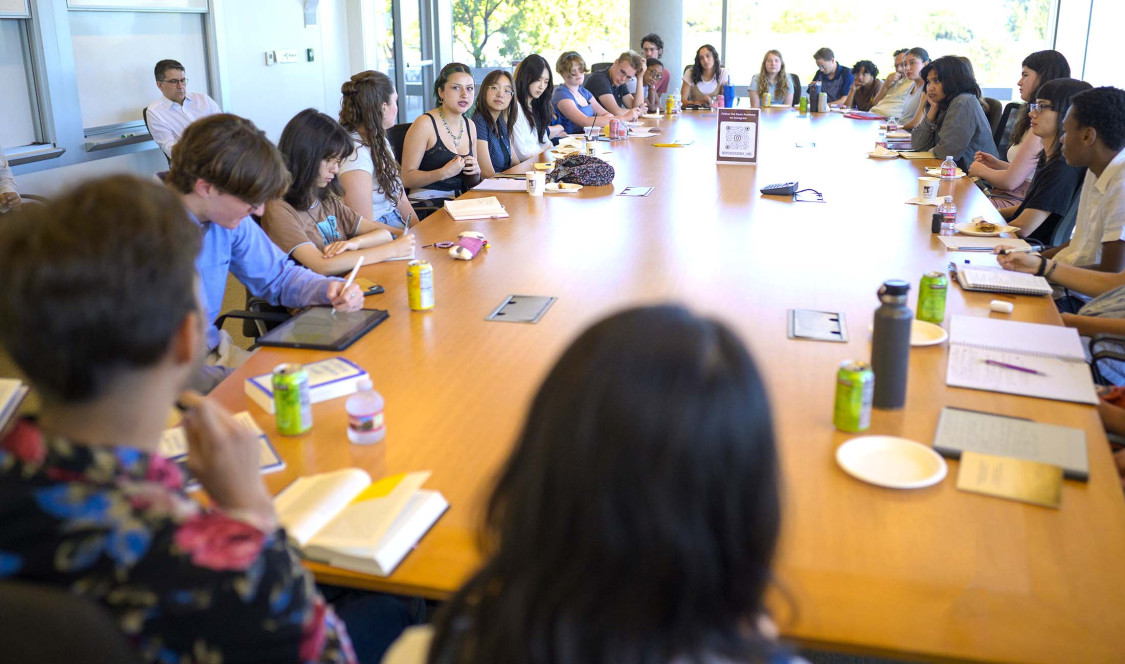 Students working around table