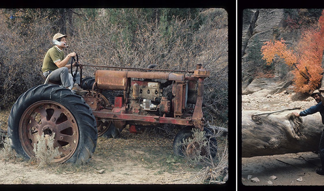 Langdon Elsbree, on a 1930s vintage Farmall tractor, during a 16-mile hike of the Virgin River Narrows in Zion Park, Utah, in October 1970; &quot;The hike was glorious, the leaves and canyon walls spectacular, the weather perfect, and Langdon an affable c