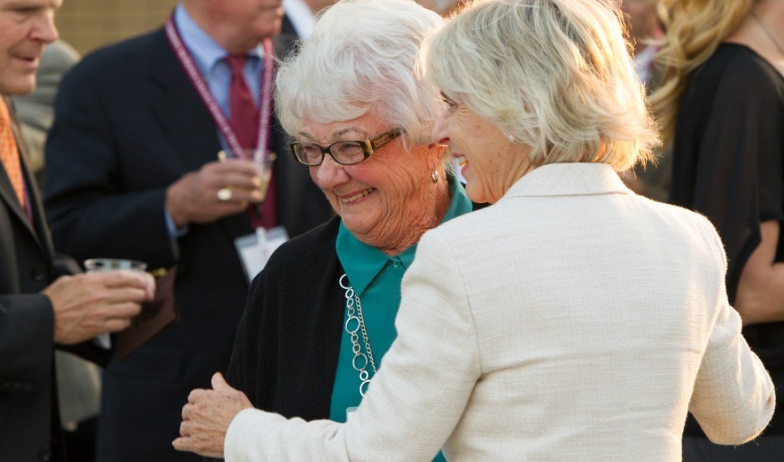Arden Flamson with President Emerita Pamela Gann at the Flamson Plaza rededication ceremony, 2013.