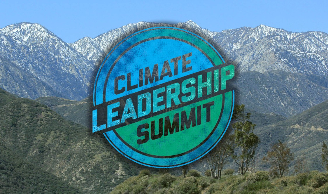 Climate Leadership Summit logo superimposed over a photo of San Gabriel Mountains