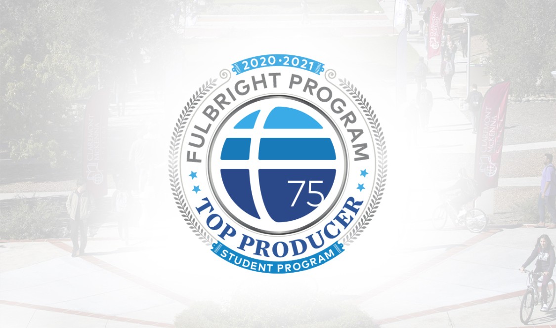 Fulbright logo with white halo on background image of CMC campus