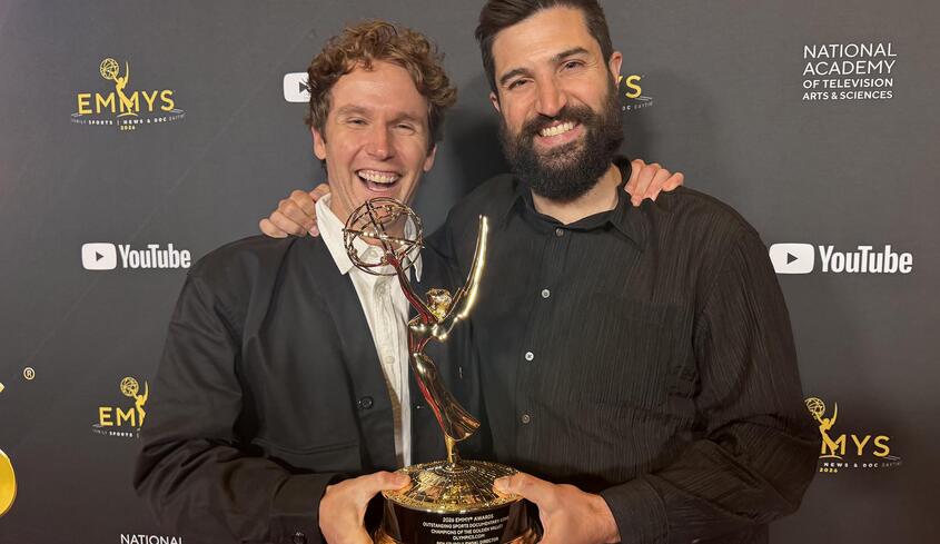 Chris Temple '12 and Zach Ingrasci '12 hold Sports Emmy