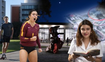 Photo collage of various major moments in 2021 (from left to right: student skateboarding in front of South Quad dorm buildings featuring 75th Anniversary environment graphic, Athena volleyball athlete during a game, Collins Dining Hall lit up at night with a Carol Bove piece in front, a student reading on a &quot;Meet in the Middle&quot; bench, and a deck slide from the Robert Day Sciences Center announcement)