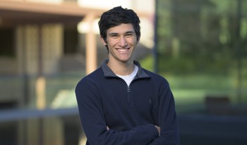 Nicolas De Mello ’23 photographed on campus in front of the Kube.