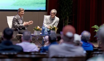 President Hiram Chodosh and David Mgrublian ’82 P’11, Chair of the Board of Trustees at recent Alumni Weekend forum.
