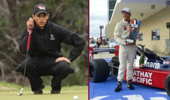 CMC and CMS men's golfer Tim de Silva lining up a putt on half of the picture. The other half of the picture he is holding a trophy on the podium after winning a race.