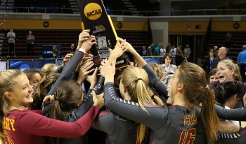 Athena volleyball celebrates with national trophy