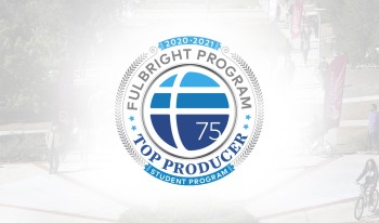 Fulbright logo with white halo on background image of CMC campus
