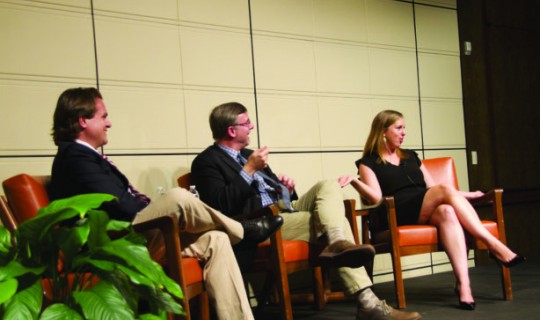 From left: Zach Courser ’99, Michael Shear ’90, and Brandi Hofﬁne ’06