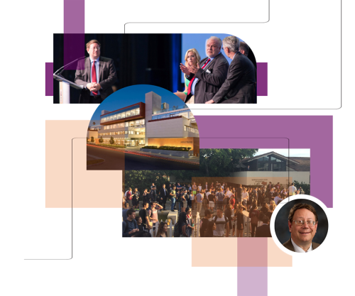 Collage of milestones from the 2010s, including Atheneaum speakers and former director Andrew Busch.