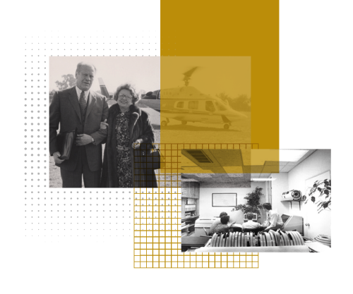 Collage of milestones from the 1970s, including Edessa Rose with President Ford and students researching.