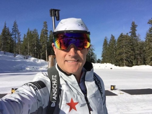 A selfie of Dan while in ski gear in the snow.