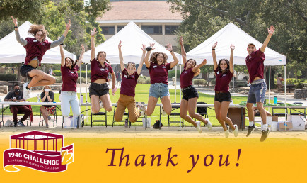 CMC students in matching maroon polos jump for joy in front of white canopies set up on campus. The bottom fades to yellow with 1946 Challenge logo and 'Thank you!' in red text.