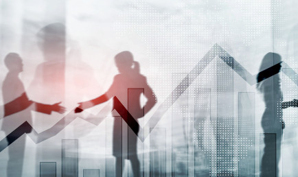 Digital illustration of people's silhouettes layered over stock projection lines and a gray skyscrapers in the background