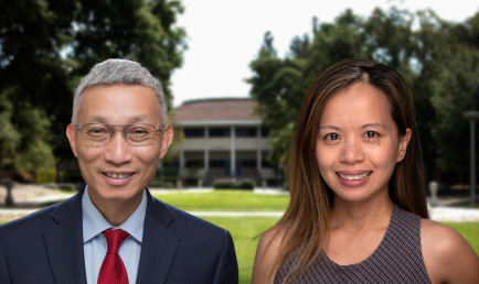Photo collage of CMC Professors Pei and Doan with a campus building in the background.