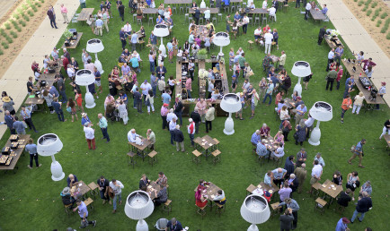 Down shot view from Kravis Center of Gann Quadrangle during Alumni Weekend 2022's wine tasting event shows alumni scattered around full glasses in hand.