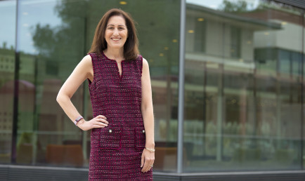 Laura Lulejian photographed on campus in front of the Kube.