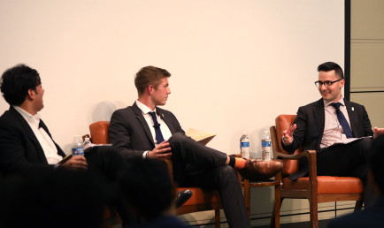 Aditaya Pai ’13, Nohl Patterson ’22, and Ilan Wurman ’09 (l-r) discuss the merit of Electoral College at the Athenaeum.