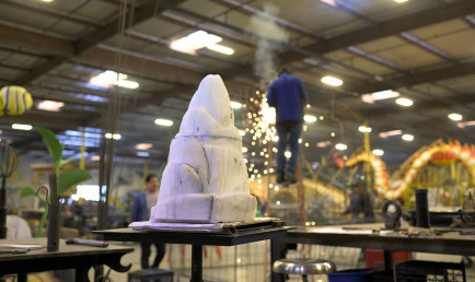 Preview shot of Mt. Baldy sculpture at Tournament of Rose Parade barn.