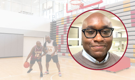 Jerome Blake inset image and backround of two men playing basketball