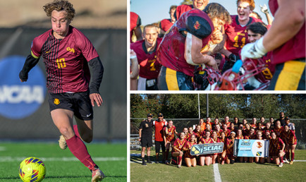 Collage of the CMS men's soccer and football, and the women's soccer team.