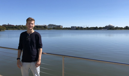 Henry Schulz ’22, pictured near the Martin Luther King Jr. memorial along the Tidal Basin