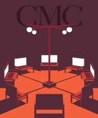 A digital illustration of Chris Burden's &quot;Meet in the Middle&quot; shows a retro lamp post surrounded by benches that are actually large laptops with the screens opened and facing the middle.