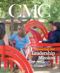 Fall 2022 CMC Magazine Cover: CMCers enjoy the bright red social benches of Jeppe Hein. Superimposed is the headline &quot;Honoring Our Leadership Mission.&quot;