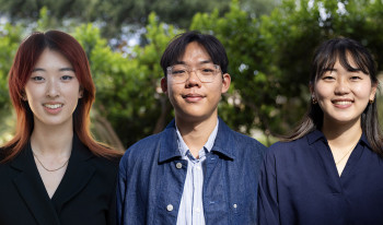 Newly named Goldwater Scholars Marilyn Ma ’27, Daniel Wu ’27, and Chisato Kamakura ’27. Photos by Isaiah Tulanda ’20 and courtesy of Marilyn Ma ’27